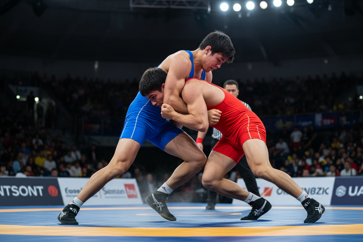 Athletes wrestling